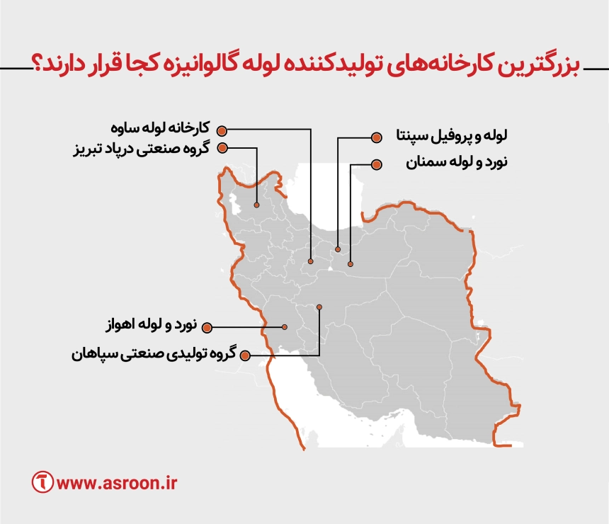 موقعیت جغرافیایی کارخانه های تولیدکننده لوله گالوانیزه