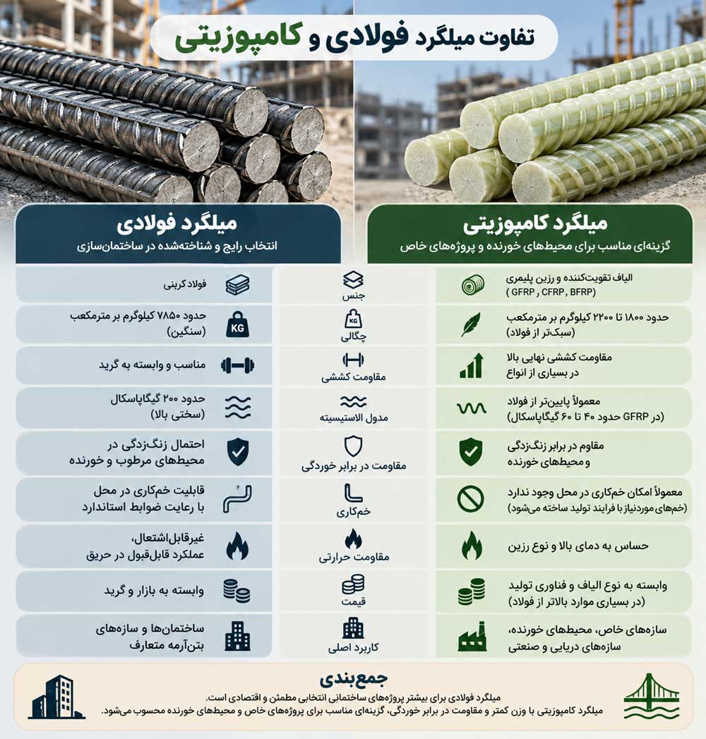 اینفوگرافی تفاوت میلگرد فولادی و کامپوزیتی